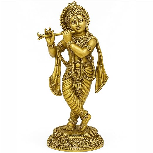 Brass Krishna Idol Playing Flute